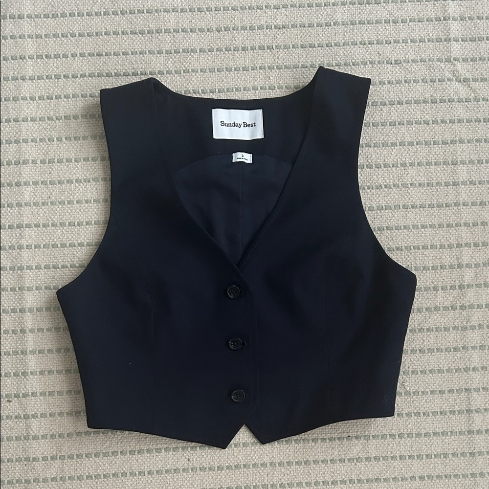 Sunday Best Navy Buttoned Vest Top. Cropped